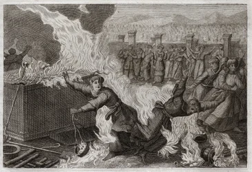 ローヤルモンの聖書、旧約聖書。ナダブとアビウ神に香を捧げるために、その香に外国の火を入れたアロンの子、ナダブ（ナダブ）とアビウ（アビウ）は、幕屋そのもので焼かれた。1811年のイラスト。