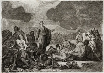 ローヤルモンの聖書、旧約聖書。エゼキエルの第二の幻。預言者エゼキエルが、人間の形をしたいくつかの骨すべてのデッセーから見たビジョン。1811年のイラスト。