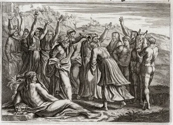 ローヤルモンの聖書、旧約聖書。ソロモン王。ダビデは、ベトサベと預言者ナタンの祈りによってソロモン王を立てた。1811年のイラスト。
