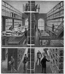 パリのフランス国立図書館、受入局の定期刊行物処理・整理室。1893年6月17日付『ラ・ナチュール、科学およびその芸術と産業への応用に関する評論』所収の版画。