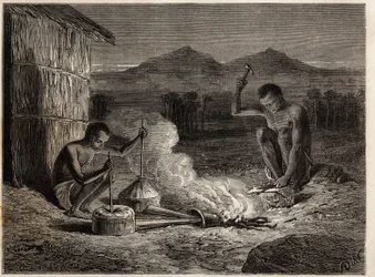 ザンベセ川のほとり、シミアンゴの鍛冶屋。1840年から1856年にかけて行われたリビングストン博士の南部アフリカへの最初の航海を、エドゥアール・シャルトンの指導のもとに出版された「Le tour du monde, nouveau journal des voyages」に掲載されたエングレーヴィング。