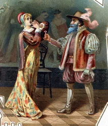 青ひげ。シャルル・ペローの物語。1697年。19世紀後半のクロモリトグラフ。ステッカー「お買い得」。 「青ひげは、青ひげの妻たちが殺害された小部屋に入ろうとした妻を尋問する。」