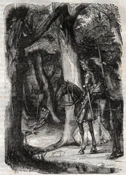 Bradamante apercoit Pinabel (Pinabello) - Ludovico Ariostoの "Roland furieux" (Orlando furioso) (16世紀)からの1851年のエングレーヴィング、通称Ariosta - Tressan伯爵によってイタリア語から翻訳され、Gustave Harvardによって出版された版。