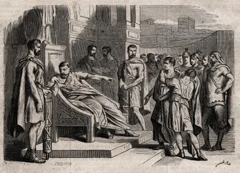 息子の死を宣告するブルータス - 息子の死を宣告するブルータス（Marcus Junius Brutus、紀元前85～42年） - "Dictionnaire populaire illustrious" の刻印 - 1864年 - Joseph Decembre と Edmond Allonier による - 。