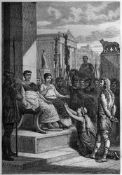 CAPTIVITY OF CHAMACUS - Caratacus (Caratacos, Caratacus) in captivity with his family addresses the Roman Emperor Claudius (Claude I) (10 BC-54 AD) - Engraving in "L