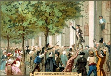 パレ・ロワイヤルでのカミーユ・デムーラン（1789年12月7日）。クロモリトグラフ 19世紀- フランス革命-カミーユ・デムーランがバスティーユに嵐を呼ぶ（パリ