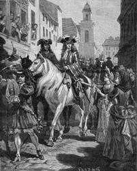 カミザール戦争（1702-1704）。カトリック教徒がカミザールの指導者ジャン・カヴァリエ（1681-1740）に触れようとしている。ニーム、ガール県（30）。19世紀の版画。ジュール・ミシュレ著『フランス史』所収