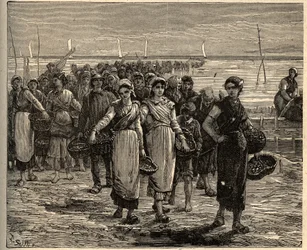 Cancale - Brittany - Les cancalaises au retour des bateau de fishing - - engraving in "PATRIE" - DESCRIPTION PECTUREQUIREQUE DE LA FRANCE EN 6 VOLUES BY LUCIEN HUARD - end 19世紀