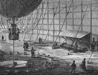 1878年にヘンリー・ギファードがチュイルリー公園で作った捕獲用の気球。科学のアルバム」（ジュベ社）より