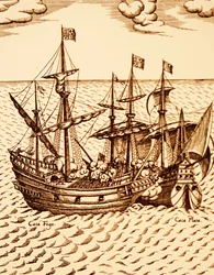 Captura do galeão espanhol Cagafuego pelo Golden Hind liderado por Francis Drake em março de 1579 (gravura)