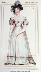 カロリーヌ・フェルディナンデ・ルイーズ・オブ・ネイプルズ、ベリー公爵夫人（1798年〜1870年）。ベリー公爵の妻。1830年に描かれた版画。