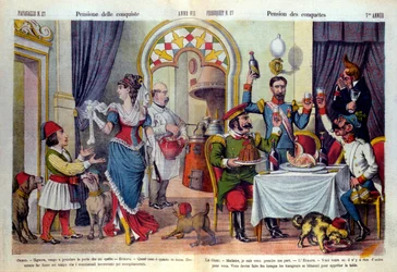 1878年のベルリン会議（Congresso di Berlino）を題材にしたイタリアの新聞「Le Parroquet」（il Pappagallo）の漫画。ベルリン会議は、ロシアのトルコに対する不当な態度を見直すために開催された。トルコ人はハルを受け入れることを余儀なくされた
