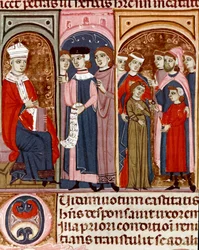 ビザンチウムのローマ皇帝ユスティニアヌス1世（483-565）のもとで再編集された法令集「ユスティニアヌス法典」（Codex Justinianus）のミニチュア結婚を祝う会