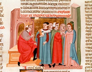皇帝ユスティニアヌス（483-565）の時代に行われた結婚式の祝典。ミニチュア「Justinianus Istitutiones」より引用 14世紀 Padua, Biblioteca capitolare