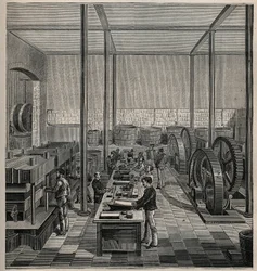セルロイド：セルロイドの製造。Adolphe BITARDの "Les arts et metiers illustres "に掲載された1885年の図版。