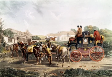 馬車での旅の途中、宿屋でのつなぎ替え。イギリスのエングレーヴィング。19世紀 個人蔵