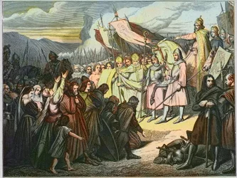 シャルルマーニュがパーダーボルンでウィトテキンドの降伏を受け入れる（785年） - 785年にシャルルマーニュ（742-814）がザクセン人のウィドゥキンド（ウィトテキンド）の軍勢に勝利する（ウィドゥキンドまたはウィトキンド-ザクセン戦争のウィドゥキンド：ゲルマン人のザクセン人の指導者ウィドゥキンドが降伏した。