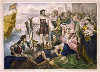 クリストファー・コロンブスとピンソン兄弟は、1492年3月8日にスペインのパロス港を出港し、新大陸に向かった。19世紀後半に制作されたエングレーヴィング。