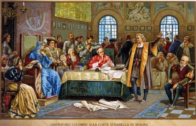 カトリックやカスティーリャと呼ばれるスペインのイザベラ1世の宮廷でのクリストファー・コロンブス。