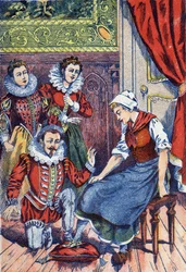 シンデレラがスリッパを試す様子。フランスの作家シャルル・ペロー（1628-1703）の物語「シンデレラ」の匿名イラスト。イメージ：Marcel Vagne、Jarville Nancy、年代不詳（19世紀後半）。
