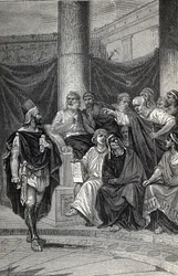 紀元前280年のヘラクレアの戦いの後、ローマ人と交渉しようとするピュロス王の重要な顧問シネアス、1884年のエングレーヴィング。