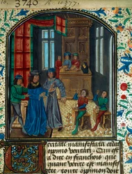 中世のコイン鋳造。ニコラ・オレスム(1320-1382)の草稿からのミニチュア。15世紀 B.N. パリ