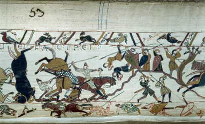ノルマンディー公ウィリアム征服王（1027-1087）によるイングランド征服（1066年）：ヘイスティングスの戦い バイユー・タペストリーの詳細またはマチルド王妃の刺しゅう