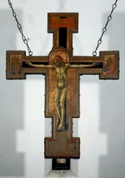 磔刑 十字架の裏に描かれた匿名の木画です。15世紀 ヴァラッツェ、カッペラ・デル・カステッロ・インブレア イタリア