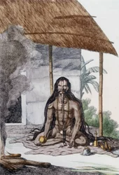 文化、文明、インド社会。祈りを捧げるファキール（Faquir）の肖像（インド）。1808年のエングレーヴィング。