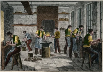 19世紀のフランスの刃物工房。Adolphe BITARDの "Les arts et metiers illustres "に掲載された1885年のエングレーヴィング。