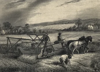 1851年のクリスタル・パレス博覧会に出展された、1831年のサイラス・マコーミックの刈り取り機。