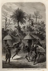 シャウパンガ（ザンベーズ川右岸）のランディーンまたはズールー族のカフェーの踊り。1840年から1856年にかけてのリビングストン博士の南部アフリカへの最初の航海を説明するためのエングレーヴィング。
