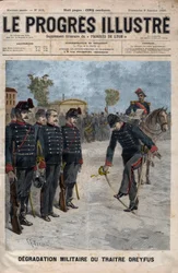 アルフレッド・ドレフュスの劣化 - ドレフュス事件。1895年1月5日、パリの陸軍士官学校の中庭で行われたアルフレッド・ドレフュスの脱獄事件 - 1895年の「輝かしい進歩」に掲載されたエングレーヴィング - 。