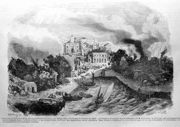 1843年8月2日の地震によるポワント・ア・ピートル（グアドループ）の破壊。1843年のエングレーヴィング。