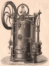 1866年にパリで生産された小型蒸気エンジンの詳細な技術ビュー：ボイラー、シリンダー、ピストン、コンロッド、フライホイール