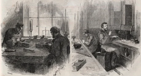 オランダの工房で行われているダイヤモンドカッティング：スプリッターとポリッシャー - Engraving In "Le Monde Illustré"