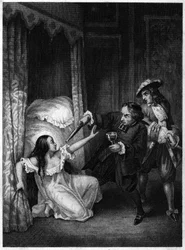 ディアーヌ・ド・ジョアニス・ド・シャトーブラン・ド・ルーサン、ガンジュ侯爵夫人（1635-1667年）、二人の義兄弟、ガンジュの修道院長と騎士により殺害される。1847年の版画。