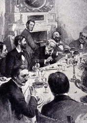 ヴィクトル・ユーゴーの「食卓」と、フランスの俳優ジャン・モーネ・サリー（Mounet-Sully）（1841 - 1916）。19世紀のエングレーヴィング。