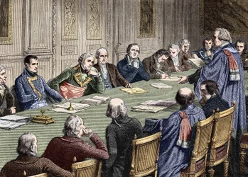 国家評議会 (1800-1804) での民法の議論では、最初の執政官の議長の下で、ナポレオン ボナパルトがジャン ジャック レジス ド カンバセレスを残しました。 19 世紀の彫刻。