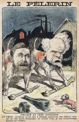 社会主義者ジャン・ジョレス（1859-1914）（左）とアンリ・ロシュフォール（1831-1913）（右）の争い。1898年6月19日付の「ル・ペレラン」紙に掲載されたイラスト。