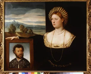 二重肖像画：イザベラ(Isabella) デステ(1474-1539)とB.Licinioによるエステ家の一員の肖像画.ミラノ・カステッロ美術館