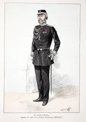 ルディル博士、市警の主任医務官（1867年～1877年）。セーヌ川警部のルイ・ルピーヌ（1846-1933）の後援で出版された本「平和の戦士たちの歴史」の挿絵のためのカラー・エッチング。