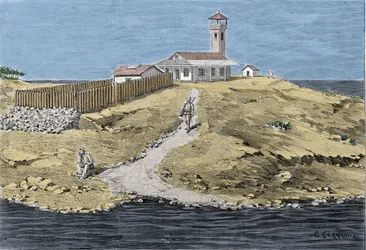 ドレフュス事件。アルフレッド・ドレフュス大尉（1859-1935）がガイアナの悪魔の島（1895-1899）に出発する。エングレーヴィング。