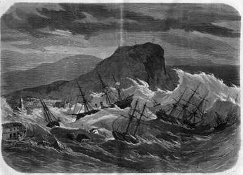 ペルーの地震：1869年9月にアリカの街を水没させた津波 - "Le Journal Illustré "のエングレーヴィング