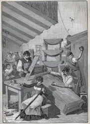 エベニステリー：切手のニス塗り作業場。Adolphe BITARDの "Les arts et metiers illustres "に掲載された1885年の版画。