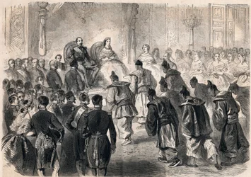1862年4月13日、パリのチュイルリー宮殿で、皇帝ナポレオン3世とウジェニー・ド・モンティジョ女史が日本の大使を厳粛に迎えた。1862年の「Le Monde illustrious」に掲載されたエングレーヴィング。個人蔵。