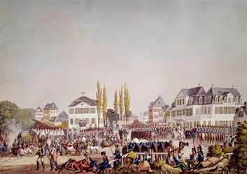 皇帝ナポレオン1世（1769-1821）がフランクフルトで軍隊を閲兵している様子。1813年のエングレーヴィング。フランクフルト、歴史博物館