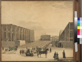 アレクサンダー・コラムの建設現場を訪れる皇帝ニコライ1世 - Anonymous.紙に水彩画、1836年以降。サンクトペテルブルク国立歴史博物館