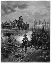 イングランド内戦：マーストン・ムーアの戦いにおけるオリヴァー・クロムウェル（1599-1658）、1644年7月2日 - 議会派がルパート王子率いる王党派を破った。19世紀の版画 - 第一次イングランド内戦中の1644年7月2日、マーストン・ムーアの戦いにおけるオリヴァー・クロムウェル