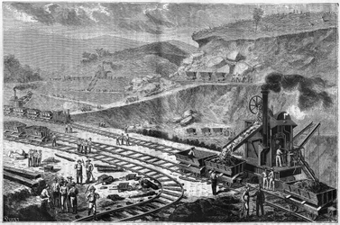 パナマ地峡の掘削作業を描いた1885年の銅版画。エンペラドールの造船所での攻撃の様子。